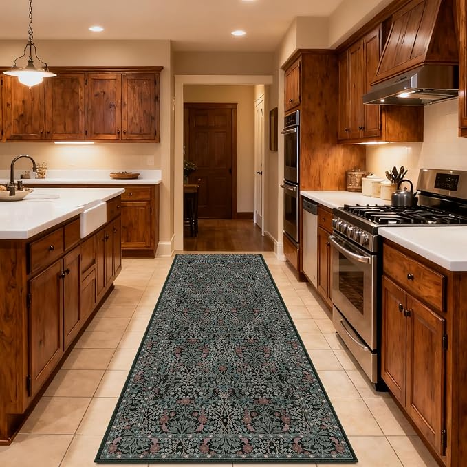 Washable 2'6" x 8' Runners for Hallways, Non Slip Long Floor Runner for Kitchen, Entryway Indoor, Stain Resistant Rubber Backing Floral Décor Rug (Dark Green)