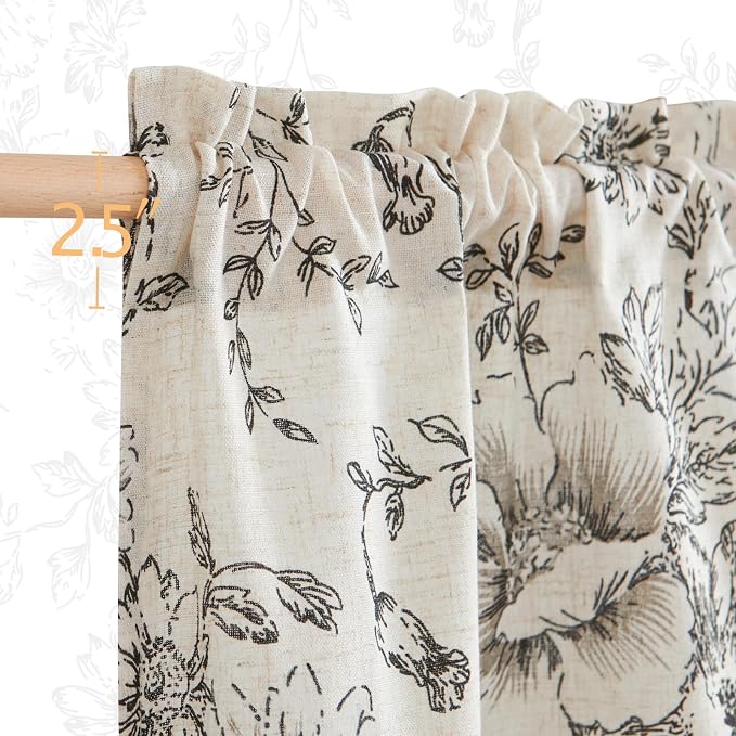 jinchan Floral Linen Tier Curtains 45 Inch Farmhouse Botanic Cafe Drapes for Small Windows Rustic Half Window Curtains for Kitchen Living Room Bathroom Laundry 2 Panels Black on Beige