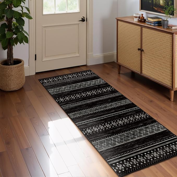 BESTSWEETIE 2x8 Area Rugs for Living Room Washable Moroccan Farmhouse Neutral Geometric Low Pile Non-Slip Soft Print Pattern Rug for Bedroom Kitchen Dining Room Entryway Black/White
