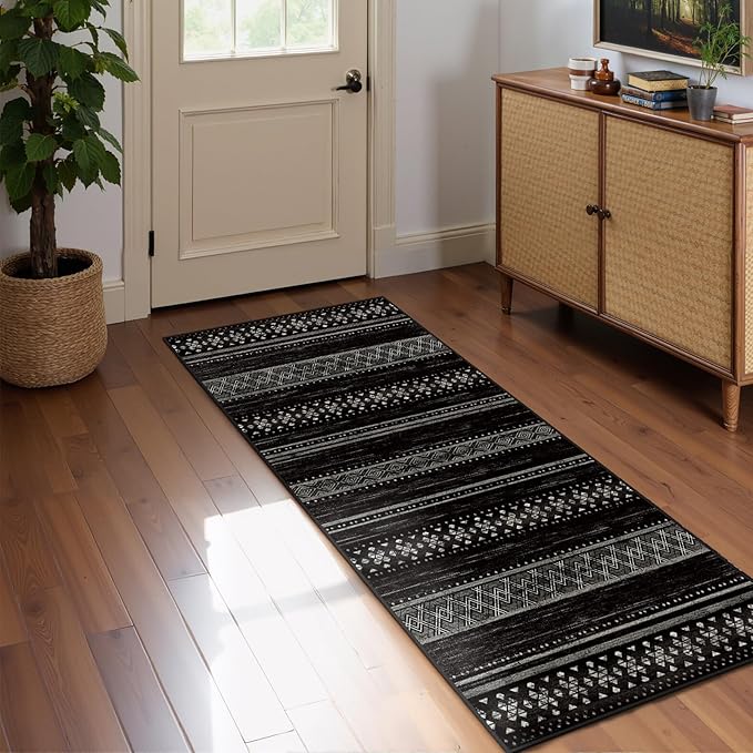 BESTSWEETIE 2x6 Area Rugs for Living Room Washable Moroccan Farmhouse Neutral Geometric Low Pile Non-Slip Soft Print Pattern Rug for Bedroom Kitchen Dining Room Entryway Black/White