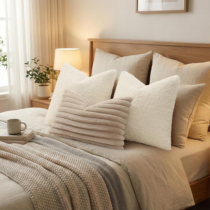 decorUhome Pack of 2 Throw Pillow Covers 22x22 Inch, Faux Fur Decorative Sherpa Pillow Covers Fuzzy Accent Soft Sheepskin Fleece Pillow Cases for Couch Living Room Bed, Neutral Cream