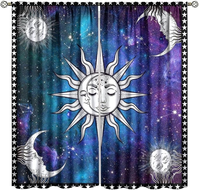 Sun Moon Blackout Curtains, Abstract Bohemian Cosmos Night Sky Galaxy Moon Sun Window Drapes, for Bedroom Living Room 55" W X 63" L