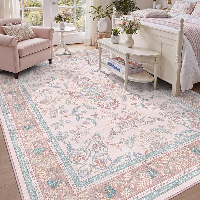 DCX 9x12 Pink Vintage Floral Rug, Machine Washable Non Slip Low Pile Carpet for Girl’s Bedroom, Nursery, Dorm, Kid & Pet Friendly Soft Stain Resistant Rug