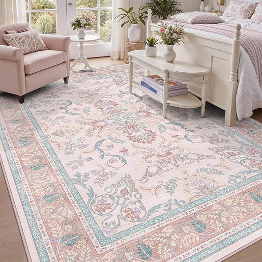 DCX 9x12 Pink Vintage Floral Rug, Machine Washable Non Slip Low Pile Carpet for Girl’s Bedroom, Nursery, Dorm, Kid & Pet Friendly Soft Stain Resistant Rug