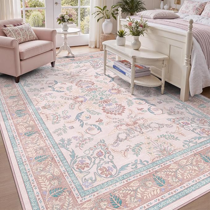 DCX 5x7 Pink Vintage Floral Rug, Machine Washable Non Slip Low Pile Carpet for Girl’s Bedroom, Nursery, Dorm, Kid & Pet Friendly Soft Stain Resistant Rug