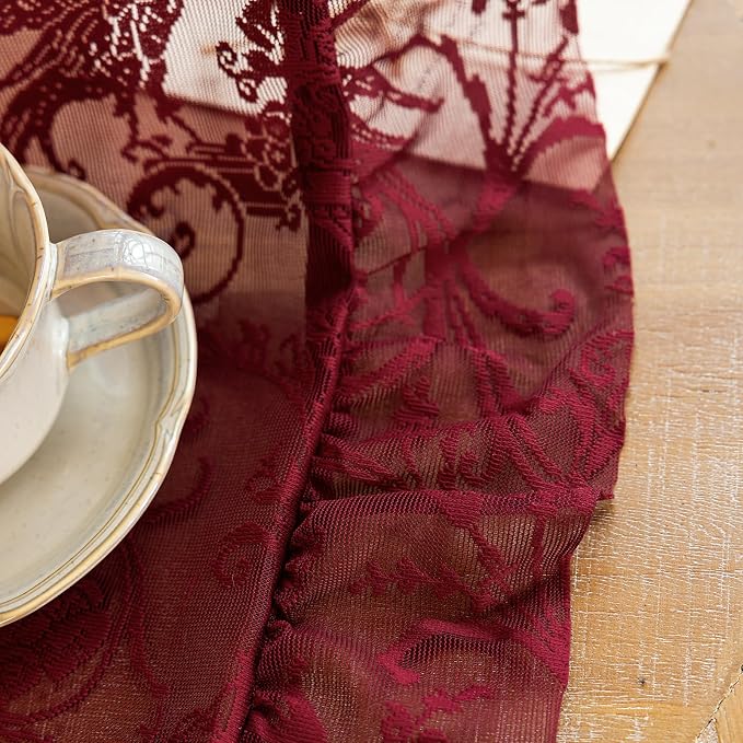 TUDECO Lace Maroon Curtains 96 Inches Long 1 Pair - French Floral Sheer Burgundy Curtains for Living Room, Art Decor Rod Pocket Ruffled Edges Dark Wine Red Drapes, 59 x 96 Inch, Burgundy