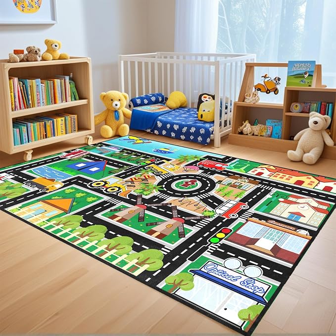 Car Rug Play Mat - Road Rug for Boys Room, Fun Race Track Traffic Road Carpet for Boys Playmat Educational Learn, Car Carpet for Room Decor Playmat Bedroom Playroom, 3x5 Feet