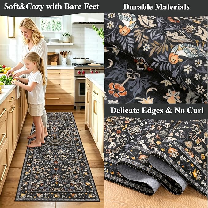HEBE Washable Hallway Runner Rug 2'x 8' Non Slip Kitchen Rugs Runner, Low Pile Entryway Rug Laundry Room Mat Floral Carpet Runners for Hallways, Kitchen, Bathroom, Laundry, Bedside Rug