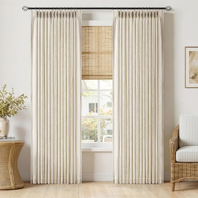 MIULEE Pinch Pleated Thick Linen Curtains 96 Inches Long 2 Panels for Living Room Bedroom, Memory Trained Pleat Drapes Light Filtering Birch Semi Sheer Window Curtains Hooks Rings Back Tab