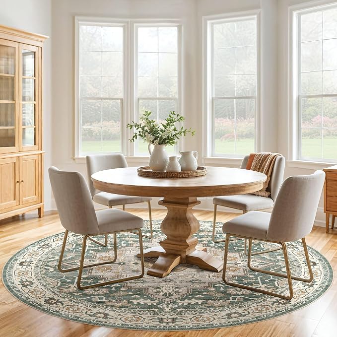 Round Rug Living Room Rugs: 7x7 Washable Boho Neutral Large Circle Soft Indoor Distressed Stain Resistant Floor Farmhouse Carpet for Bedroom Nursery Kids Playroom Office Dining Room Dorm- Green