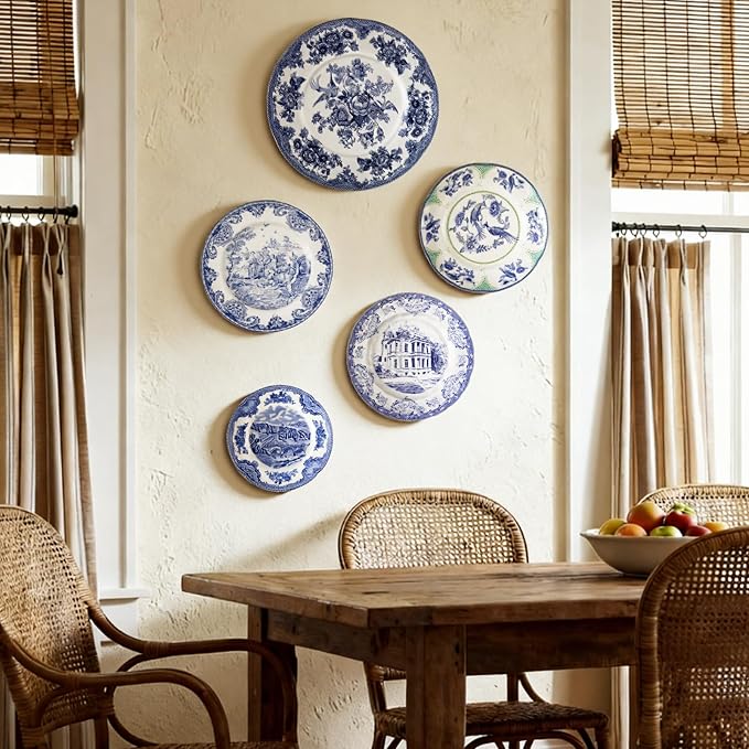 5 Pcs Coastal Vintage Ceramic Wall Plates Set, Blue and White Decoration Hanging Plates with Botanical Patterns, Holland Vintage Gifts for Wall, Home Office Art Ornament(Architecture)