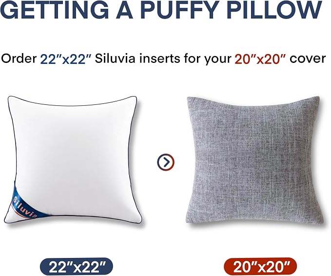 Siluvia 22"x22" Pillow Insert Set of 2 Square Throw 22 Pillows with 100% Cotton Cover for Sofa, Couch, and Bed - White | 100% pure cotton cover, soft and breathable