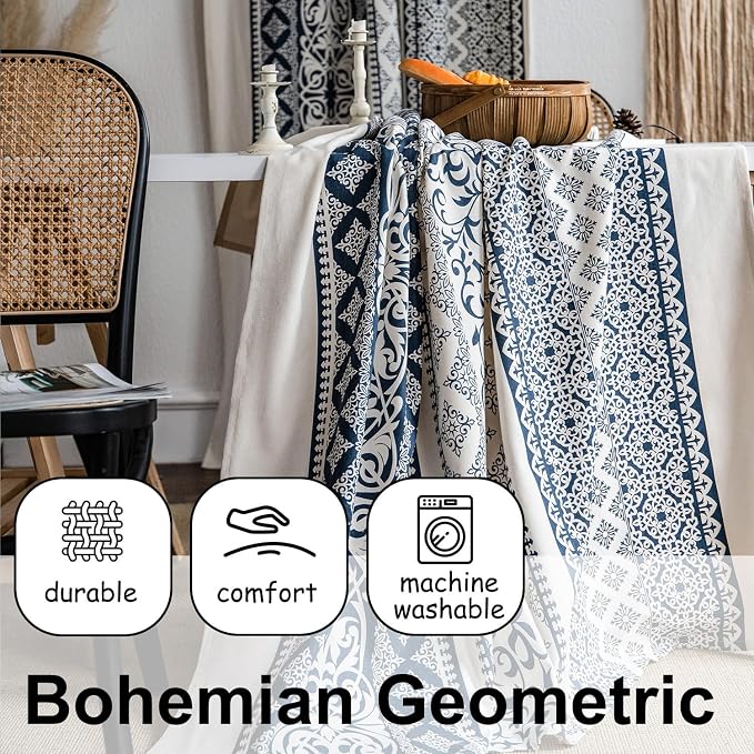 VOGOL Blue Boho Curtains for Living Room, Not See Through Geo Print Decorative Drapes for Kitchen Window, 1 Panel Linen Textured Rod Pocket Curtain for Bedroom, 28 x 84 Inches