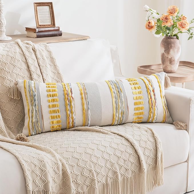 NUYECY Chenille and Cotton Long Pillow for Bed, Striped Textured Boho Lumbar Throw Pillow Cover 12x36, Neutral Accent Decorative Extra Long Body Pillow Case for Couch, Sofa, Bedroom, Yellow-Grey