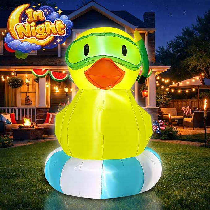 5ft Summer Inflatable Swimming Pool Duck Decorations LED Blow Up Outdoor Decoration Pool Party Favors for Beach Party Decor Tropical Yard Lawn Garden Supplies