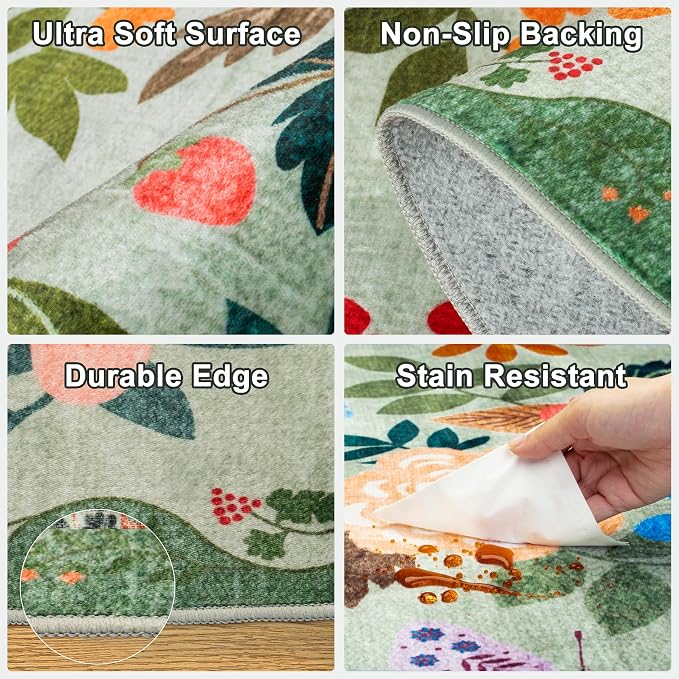 Round Area Rug for Living Room: 8 ft Floral Washable Circle Rug Soft Boho Non-Slip Carpet Indoor Floor Stain Resistant Low Pile Small Circular Rug for Bedroom Entryway Kitchen Nursery Green