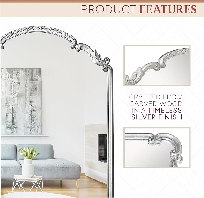 Wylde Iris English Estate Carved Arch Wood Wall Mirror, Mirror for Entryway, Living Room, Bathroom, Antique Silver, 20.9x28.9