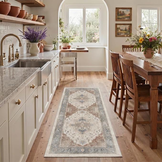 GENIMO 2x3 Rug Machine Washable Low Pile Indoor Entryway Mat for Kitchen Entrance Front Door Bathroom with Non Slip Backing Floral Medallion Dusty Beige