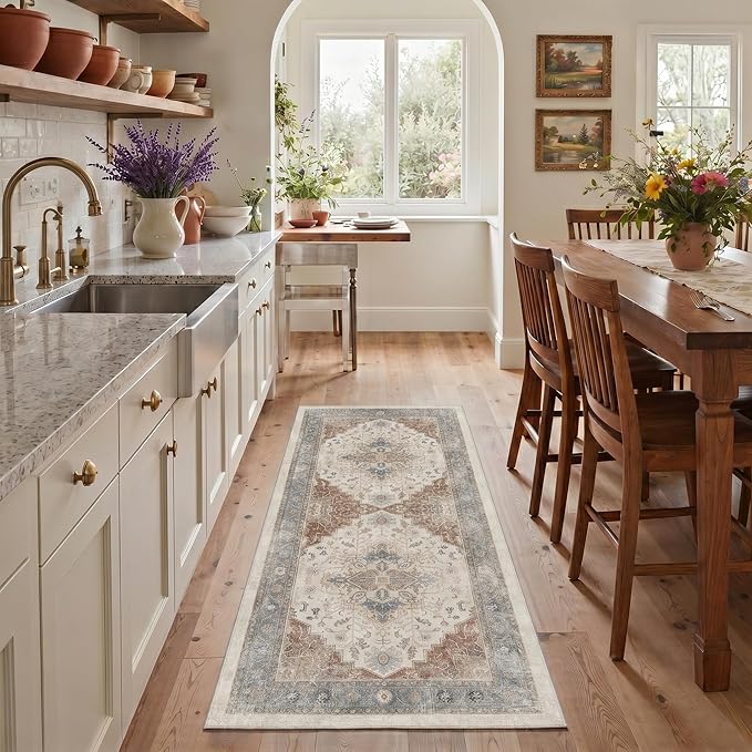GENIMO 2x5 Runner Rugs for Hallway Kitchen and Laundry Room Non Slip Low Pile Machine Washable Lightweight Print Rug for Bedroom Bathroom Entryway, Floral Medallion, Dusty Beige