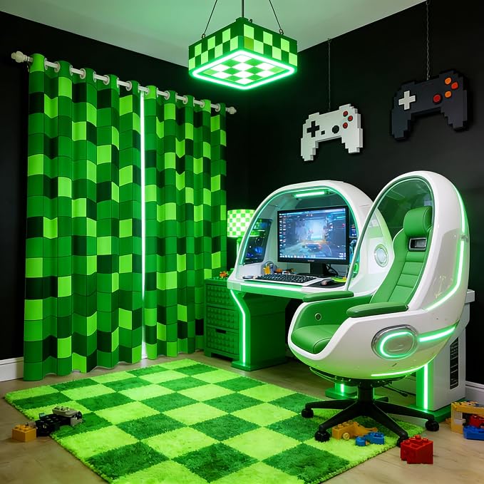 Castle Fairy Neon Green Block Window Curtain | Pixelated Grid Patchwork Blackout Window Treatment for Boys Bedroom Decor,Miners Video Games Curtains Modern Living Room Top 2 Panels,42Wx63L