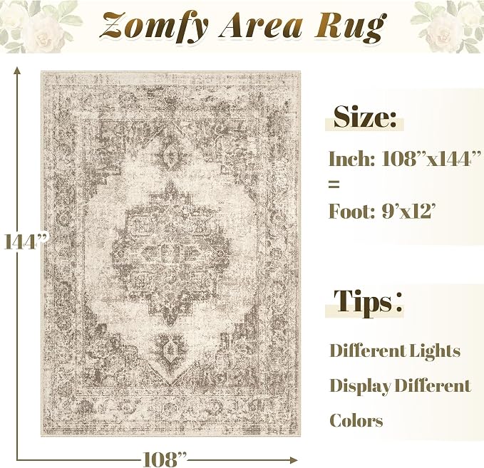 Area Rug 9x12 Vintage Rugs: Large Washable Indoor Medallion Rug Low Pile Distressed Floor Carpet Retro Accent Rugs for Living Room Bedroom Kitchen Dining Table Home Office(Taupe, 9'x12')