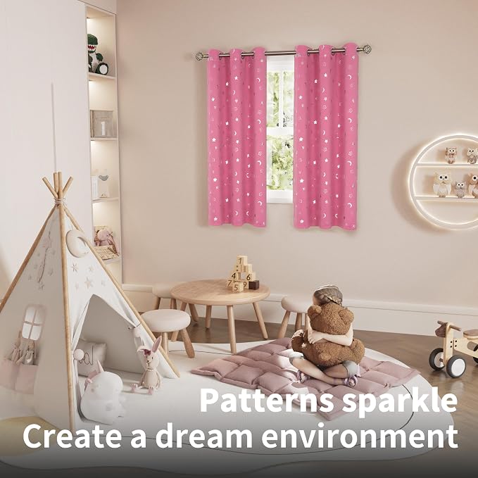 BGment Pink Curtains for Girls Bedroom, Star and Moon Blackout Curtains for Kids Babys Room 63 Inch Long, Thermal Insulated Room Darkening Window Drapes with Grommet for Nursery, 2 Panels, 42 Wide