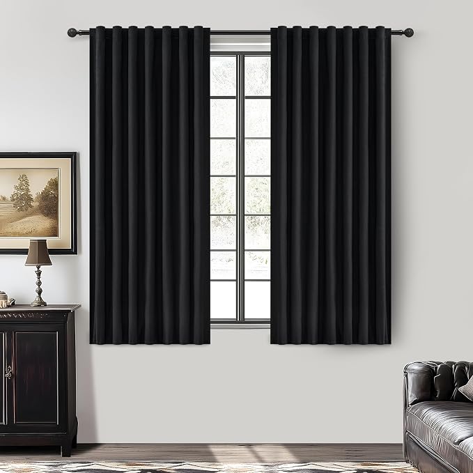 Black Out Kitchen Curtains 54 Inch Length 2 Panels Set, Modern Pleated Linen Blend Blackout Windows Curtain Back Tab Rod Pocket for Cafe/Cabin Winter Thermal Insulated Heavy Drapes 50"W x 54"L Long