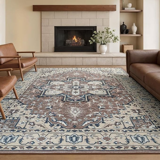 Rugflix 8x10 Area Rugs for Living Room, Washable Rug, Soft Low Pile Carpet, Non-Slip, Stain Resistant, Vintage Area Rug, Brown Beige Rug for Bedroom, Dining Room, Home Office