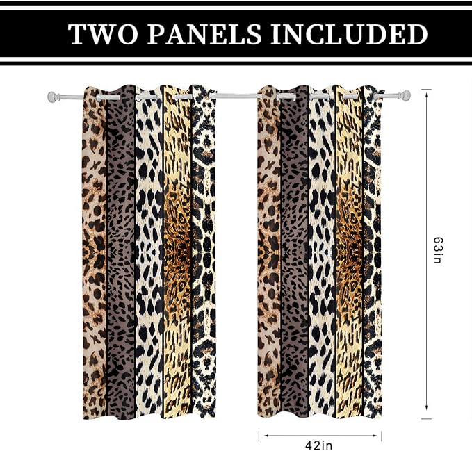 Wild Animal Print Curtain, Room Darkening Thermal Insulated Blackout Leopard Boa Window Drapes with Grommets for Living, Dining, Bedroom, Grey Leopard Print, 42"x 63", 2 Panels