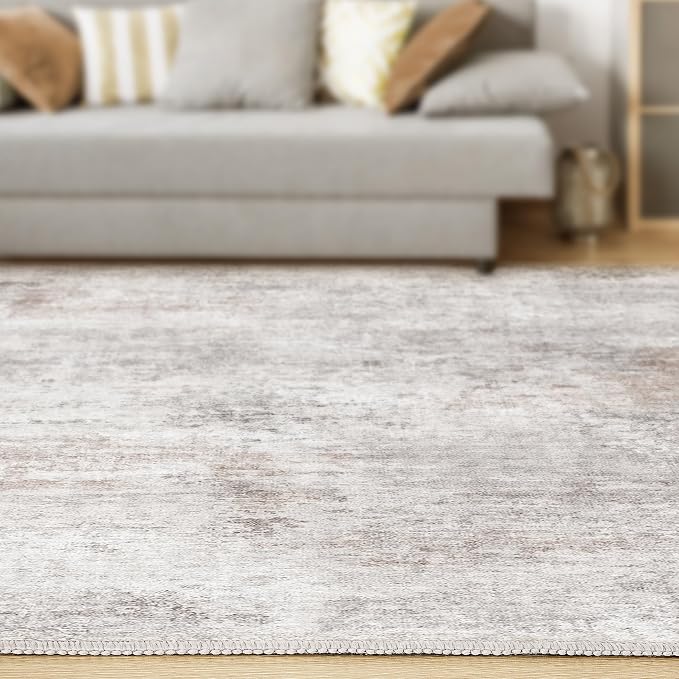 Abstract 6x9 Area Rug: Machine Washable Non Slip Ultra Thin Low-Pile Carpet, Soft Stain Resistant for Living Room Bedroom Nursery, Kid Pet Friendly, Robot Vacuum Compatible - Brown Grey