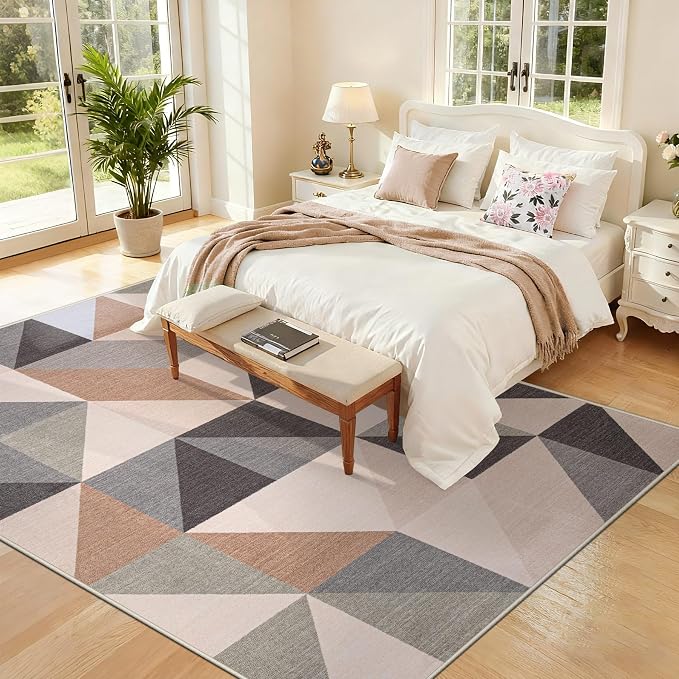 Washable Rug 6x9 Area Rugs: Modern Geometric Area Rug for Living Room Non-Slip Neutral Soft Carpet Low Pile Stain Resistant Indoor Rugs for Bedroom Nursery Dining Room Office (Beige Brown, 6'X9')