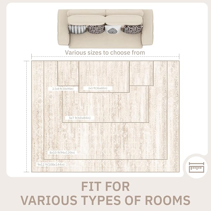 Soalmost 8x10 Area Rugs for Living Room, Washable Neutral Rug Beige Ivory | Vintage Floral Soft Stain Resistant Non-Slip Low Pile Thin Carpet for Dining Room Bedroom Kitchen Home Office Nursery 8'x10'