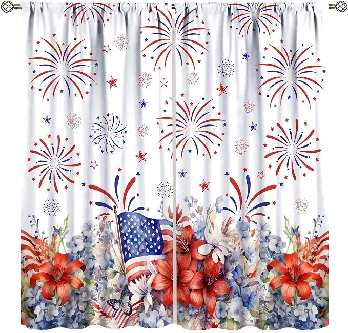 Independence Day Curtains, 4th of July Red Blue Floral Patriotic Star American Flag Drapes for Bedroom Living Room Kitchen Window Treatment 2 Panels Set Total Size 42" W X 45" L Inch