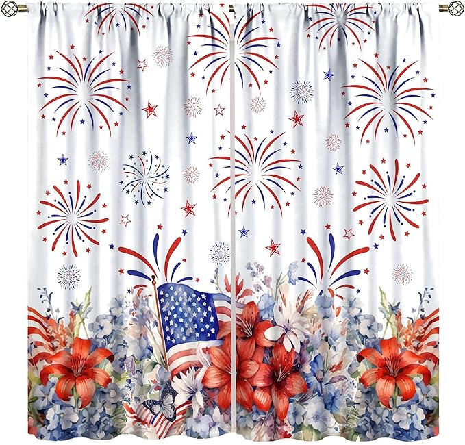 Independence Day Curtains, 4th of July Red Blue Floral Patriotic Star American Flag Drapes for Bedroom Living Room Kitchen Window Treatment 2 Panels Set Total Size 42" W X 45" L Inch