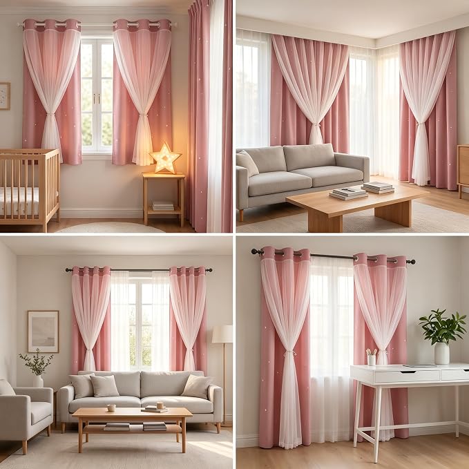 Princess Curtains for Girls Bedroom with Sheer Overlay,Double Layer Curtain for Living Room with Star Cutout, Curtains for Kids Room (52 W*72 L Inches,2 Pcs Pink)