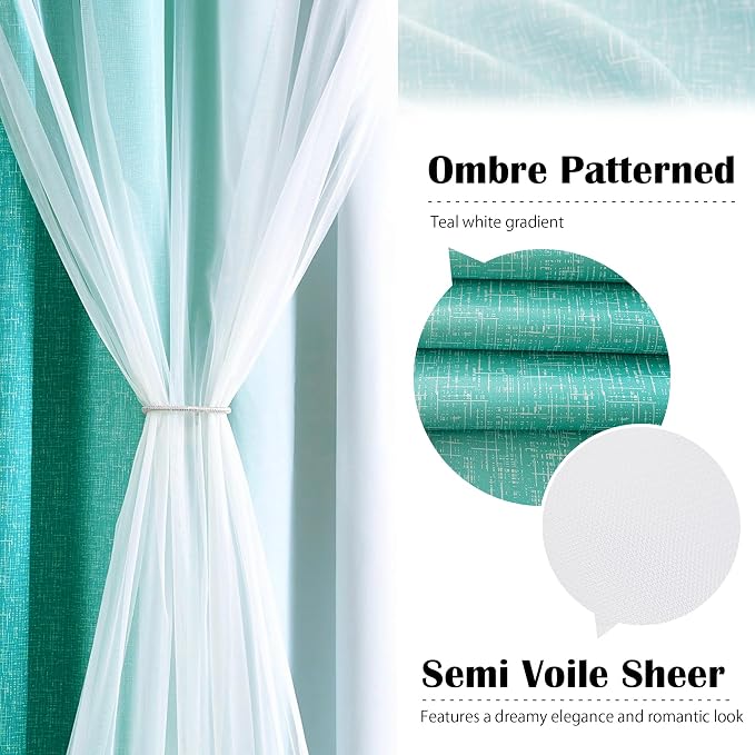 Ombre 100% Blackout Curtains 90 Inches Long 2 Panels for Bedroom Living Room Teal and White Double Layer Sheer Overlay Mix & Match Grommet Thermal Soundproof Drapes with Tiebacks, 52x90