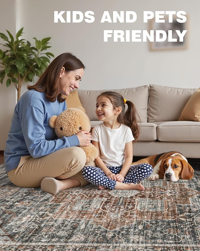 Roxstand 8x10 Area Rugs for Living Room, Vintage Washable Rug with Non-Slip Backing, Stain Resistant Large Area Rug for Dining Room, Soft Rugs for Bedroom (Grey/Brown/Tan, 8'x10')