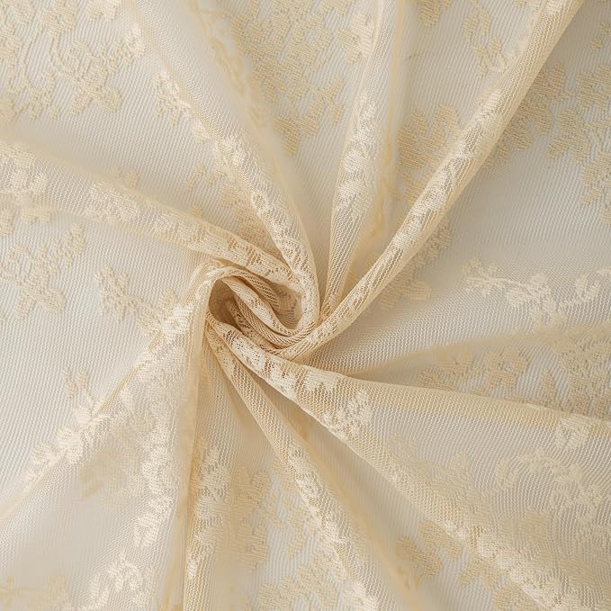YJ YANJUN Vintage Lace Curtains 96 Inches Long-Victorian Floral Beige Sheer Curtains for Living Room Office Bedroom Light Filtering Embroidered Window Treatment Spring Summer Decor 8 FT 52Wx96L