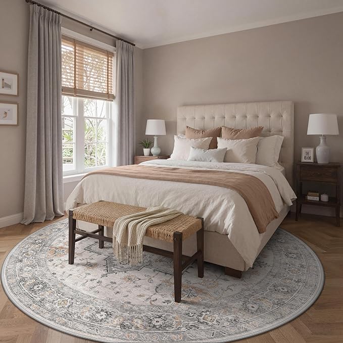 GENIMO 10FT Round Area Rugs for Living Room, Circle Rugs Machine Washable Low Pile, Chenille Non Slip Vintage Rug for Bedroom, Dining Room, Home Office, Light Taupe Brown