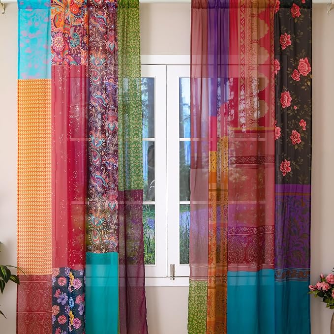 Oudain 2 Pairs Indian Old Silk Blend Sari Curtains 82 x 82 Inches Indian Imitation Patchwork Curtains Vintage Silk Blend Sari Multi Color Handmade Drapes Home Livingroom Bedroom Decor Curtain Panels