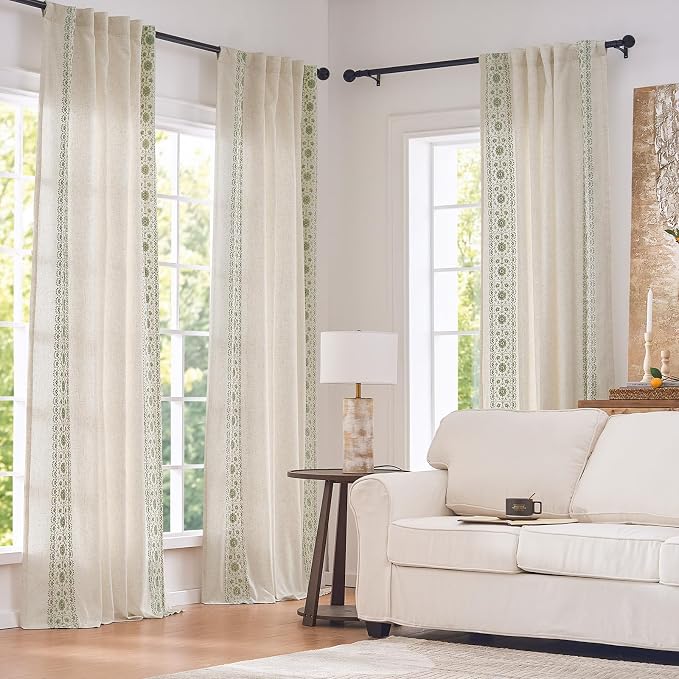 jinchan Weslie Boho Lined Linen Curtains for Bedroom Sage Green Vintage Floral Farmhouse Curtains 90 Inches Long Linen Drapes for Living Room Embroidered Drapes Sage on Beige 2 Panels