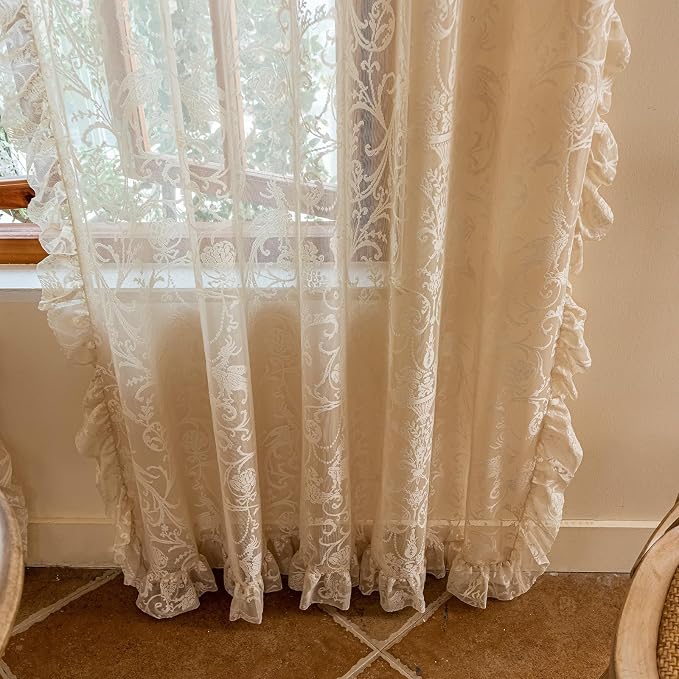 TUDECO Light Beige Curtains 90 Inches Long - Rustic Embroidered Sheer Lace Curtains for Living Room 2 Panels, Rod Pocket Light Filtering Ruffle Edges Decorative Vintage Bedroom Decor, 59W x 90L Inch