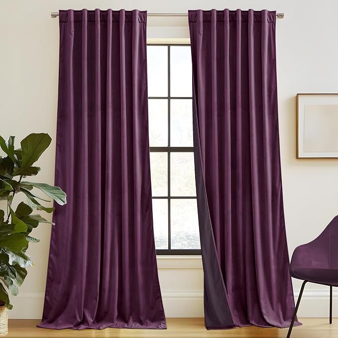 RYB HOME Purple Velvet Curtains 96 inches, Back Tab Soft Fabric Room Darkening Thermal Insulated Luxurious Home Decor Curtains for Living Room Bedroom, W 52" x L 96", 2 Panels Set