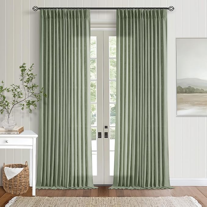 Green Linen Semi Sheer Curtains 90 Inches Long for Living Room Bedroom Light Filtering Sage Green Textured Burlap Pinch Pleated Curtains 90 Length Hooks Rings Back Tab for Sliding Door 2 Panels
