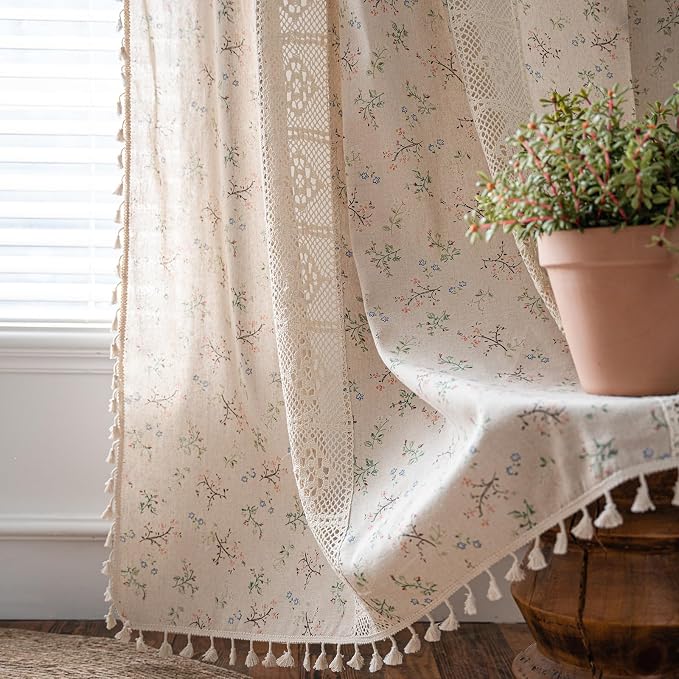 OYX Boho Floral Curtains 84 Inch, Linen Farmhouse Flower Drapes with Lace & Tassels, Light Filtering Semi Sheer Curtains for Living Room Bedroom, 2 Panels