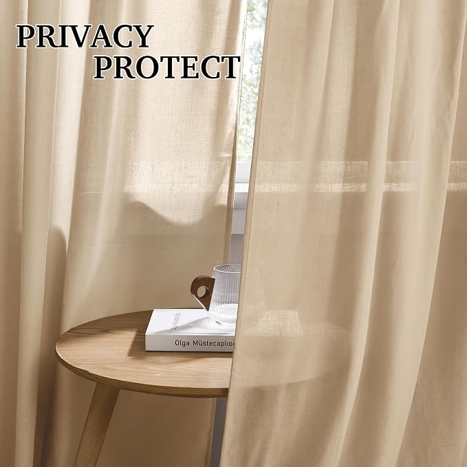 RYB HOME Boho Curtains 90 inches Long, Soft Linen Woved Lightweight Back Tab Light Filtering Fabric Shades for Dining Room Guest Room, W 52 x L90 inches, 2 Panels Set