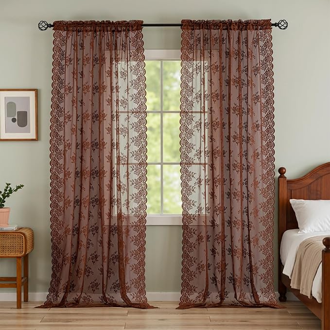 Kotile Warm Brown Sheer Curtains 72 Inches Long 2 Panels W52 x L72 Inch, Brown Colored Vintage Lace Curtains for Bedroom Country Rustic Floral Design Rod Pocket Privacy Light Filtering Cottage Curtain