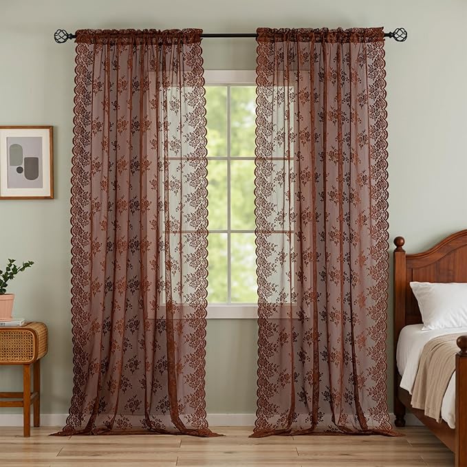 Kotile Brown Sheer Curtains 63 Inch Length 2 Panels W42 x L63 Inch, Country Rustic Floral Warm Brown Colored Lace Curtains for Bedroom, Rod Pocket Privacy Light Filtering Cottage Sheer Lace Curtain