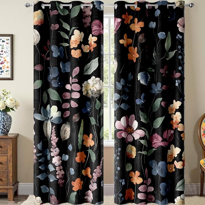 Boho Vintage Floral Blackout Curtains, Black Retro Watercolour Colorful Plant Leaf Flower Design Window Drapes, Living Room Bedroom Decor 2 Panels 52x84 Inch