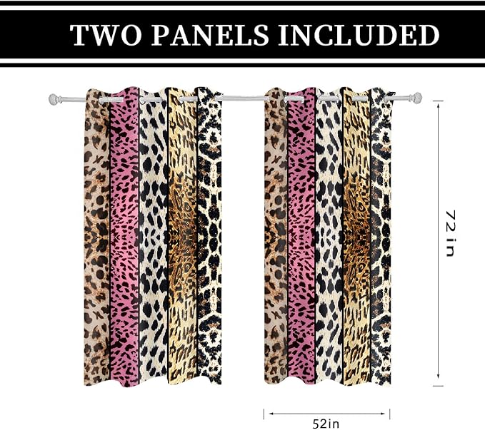 Wild Animal Print Curtain, Room Darkening Thermal Insulated Blackout Leopard Boa Window Drapes with Grommets for Living, Dining, Bedroom, Pink Leopard Print, 52"x 72", 2 Panels